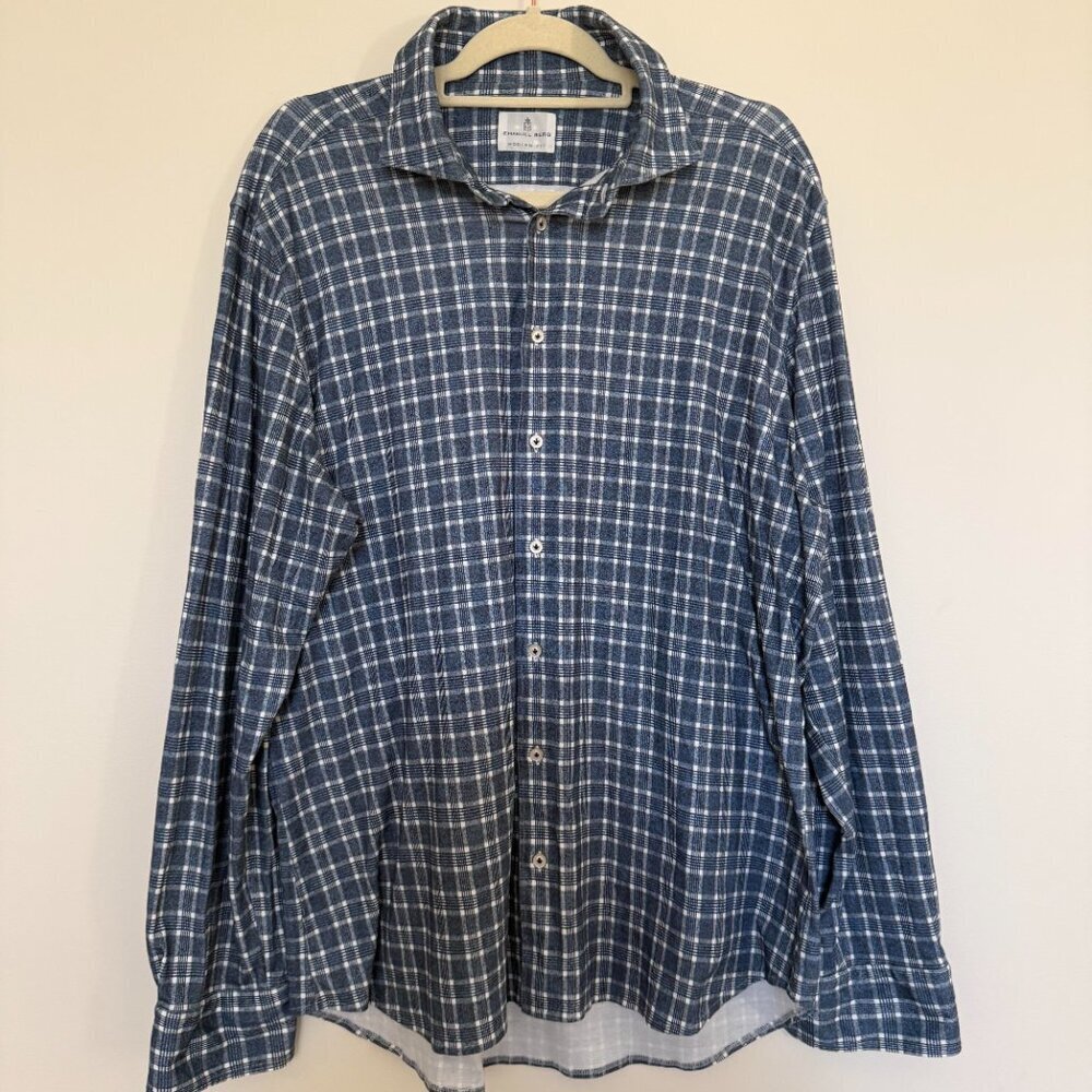 Emanuel Berg Plaid Modern Fit Long Sleeve Button Down Shirt Luxury Blue - XL